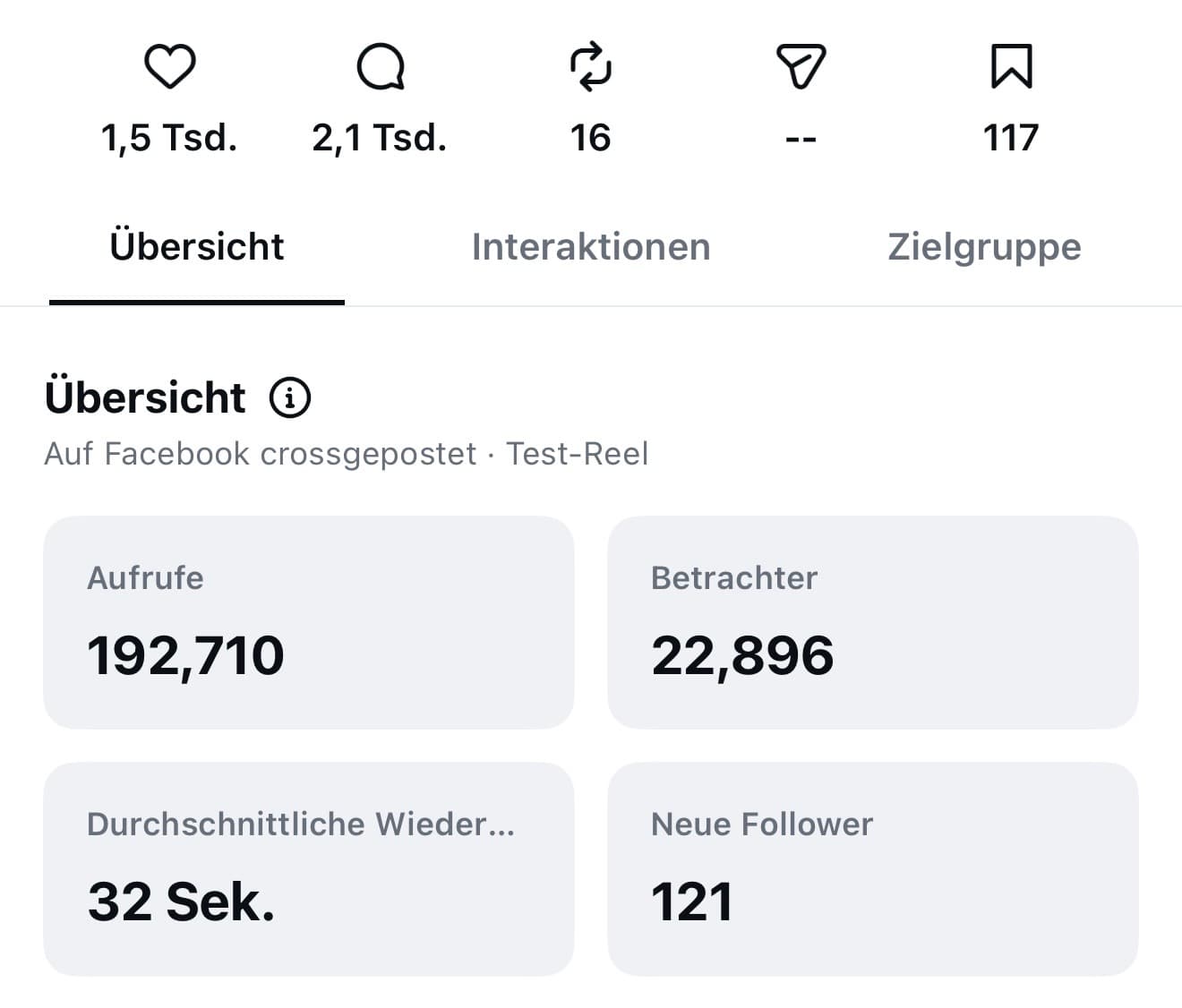 Instagram Insights eines Reels: 192.710 Aufrufe