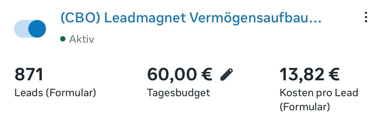 Meta-Kampagne Leadmagnet Vermögensaufbau: 871 Leads, 13,82 € pro Lead
