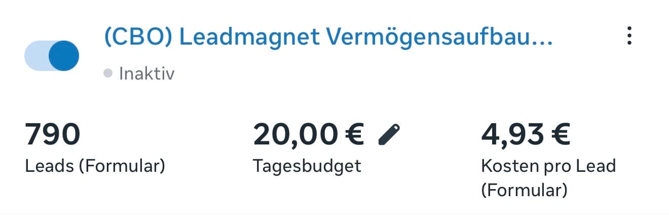 Meta-Kampagne Leadmagnet Vermögensaufbau: 790 Leads, 4,93 € pro Lead