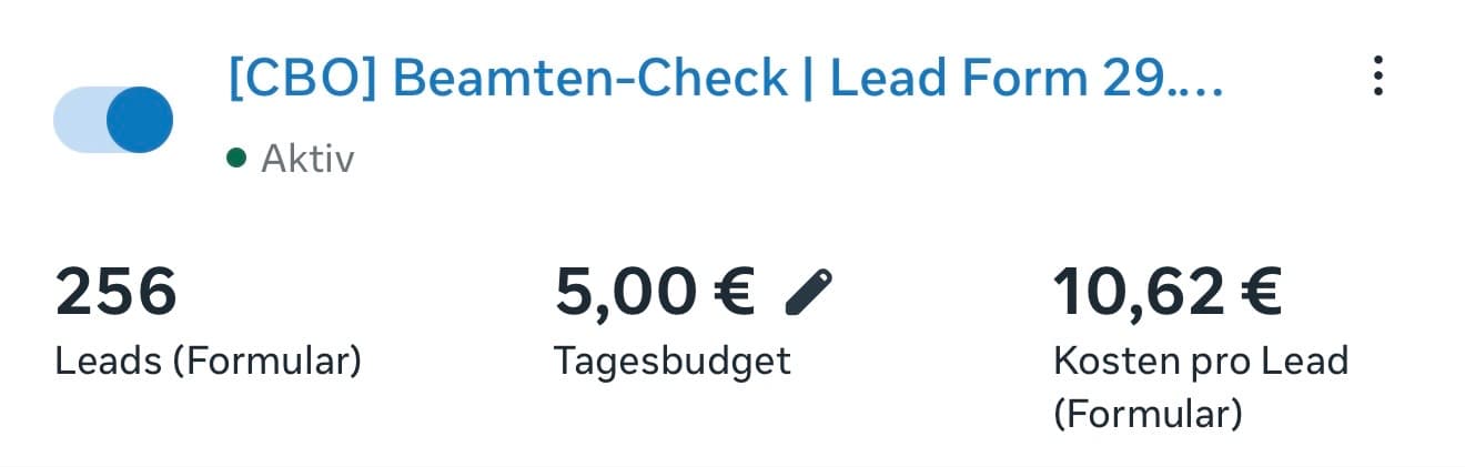 Meta-Kampagne Beamten-Check: 256 Leads, 10,62 € pro Lead